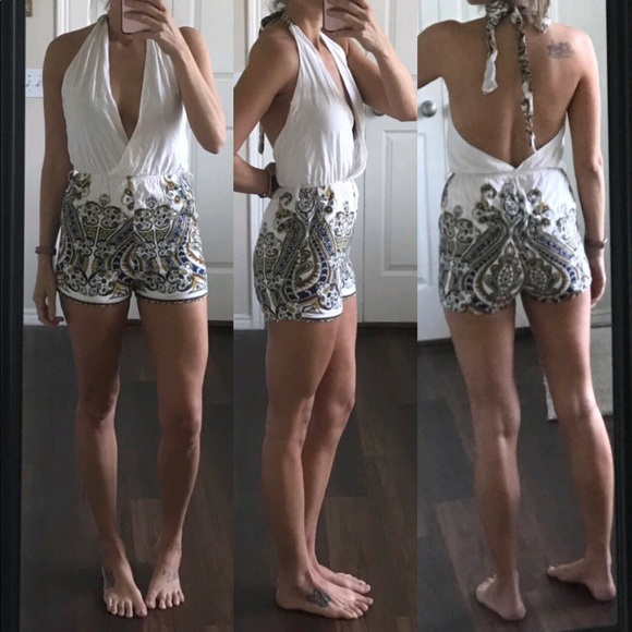 Cals Pants - White multicolor boho halter open back romper